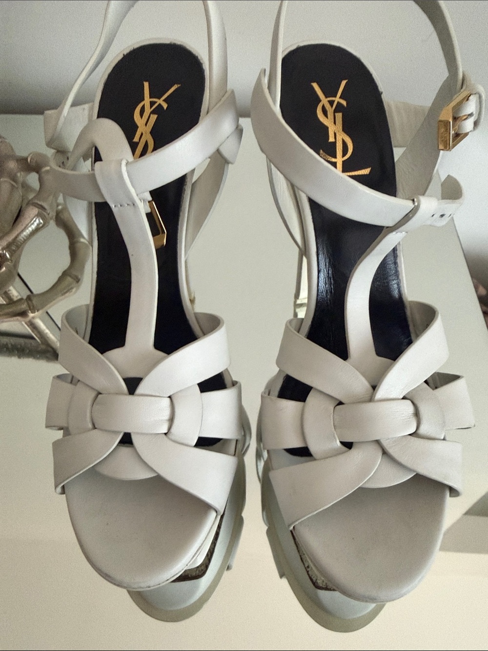 Saint Laurent White Leather Knotted T-Strap Platform Sandals tribute 8.5 38.5